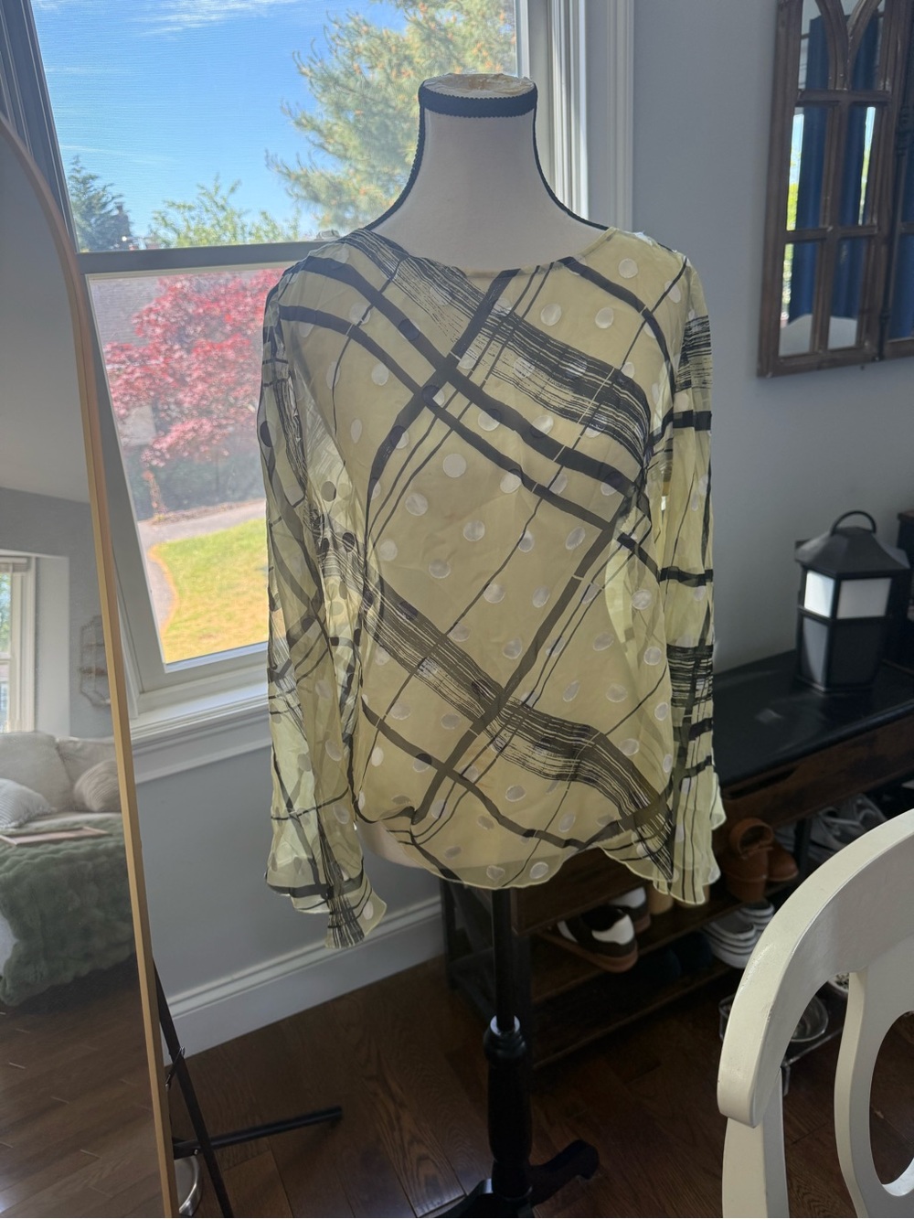 Worth Sheer Plaid & Polka Dot Blouse Light Yellow and Black Silk Cape Sleeve Top